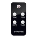 Zwarte Trotec afstandsbediening met aan/uit-knop, vermogensstanden en timer.