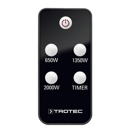 Zwarte Trotec afstandsbediening met aan/uit-knop, vermogensstanden en timer.