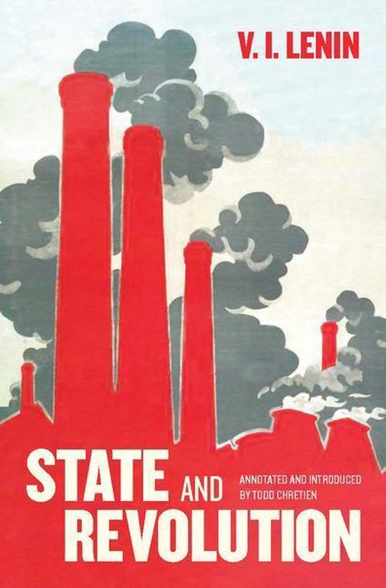 Boekomslag 'State and Revolution' van V.I. Lenin met rode fabrieks schoorstenen en rook