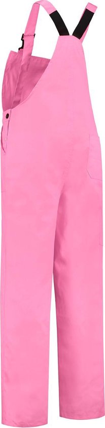 Salopette rose en polyester/coton, vue de côté, avec bretelles réglables et boucles noires.