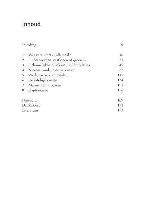 Pagina met inhoudsopgave: Inleiding, Lichaamelijkheid, Seksualiteit en relaties, Werk, carrière en idealen, Mannen en vrouwen, Haptomie.