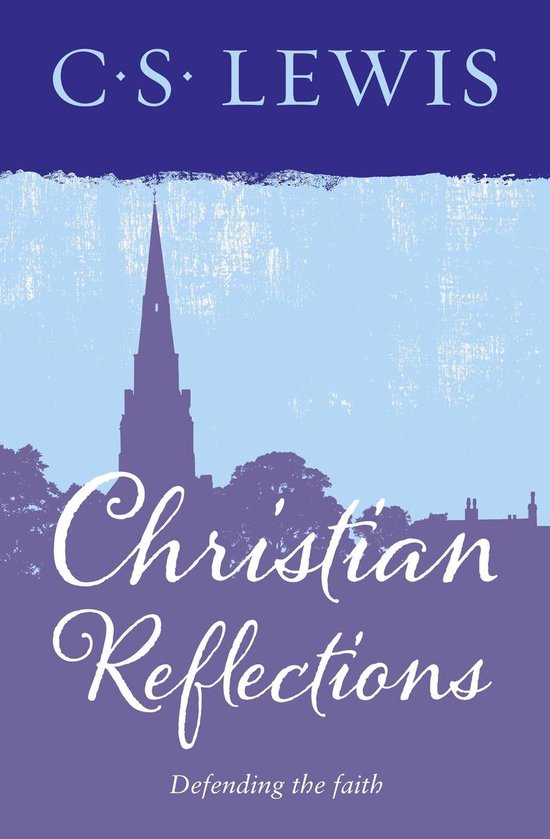 Boek "Christian Reflections" met de tekst "Defending the faith" in paars en lichtblauw.