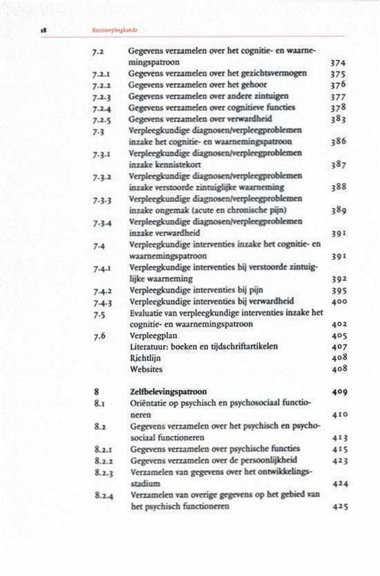 Inhoudsopgave van een boek met de titels Gegevens verzamelen, Verpleegkundige interventies, Evaluatie, Oriëntatie op psychisch en psychosociaal functioneren.