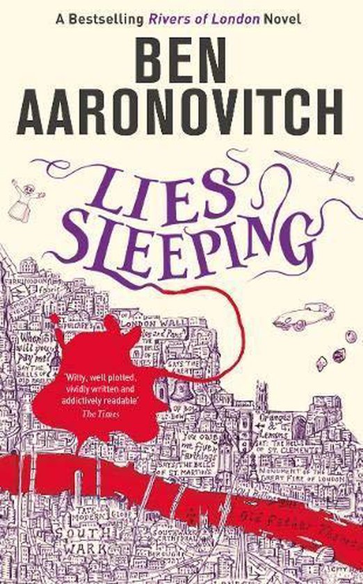 Boekomslag van "Lies Sleeping" van Ben Aaronovitch, met een tekening van Londen, rode inkt en kleine illustraties.
