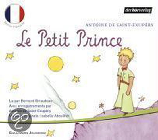 Le Petit Prince avec des étoiles, un cercle jaune et le petit prince sur une colline.
