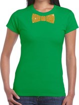 Groen fun t-shirt met vlinderdas in glitter goud dames L