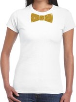 Wit fun t-shirt met vlinderdas in glitter goud dames XL
