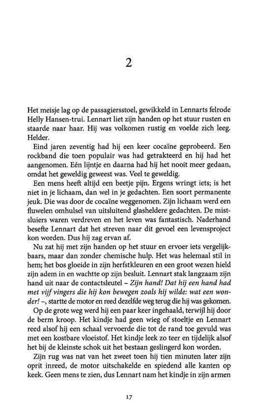 Boekpagina 2. Tekst over een meisje in een auto, cocaine en een levensingrijpend project.