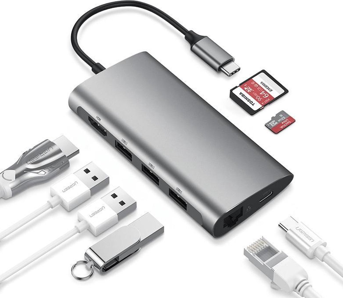 USB-C Adapter MacBook met HDMI 4K, 3x USB 3.0, Ethernet, USB-C en SD Kaartlezers - Thunderbolt 3 - voor MacBooks en andere Laptops