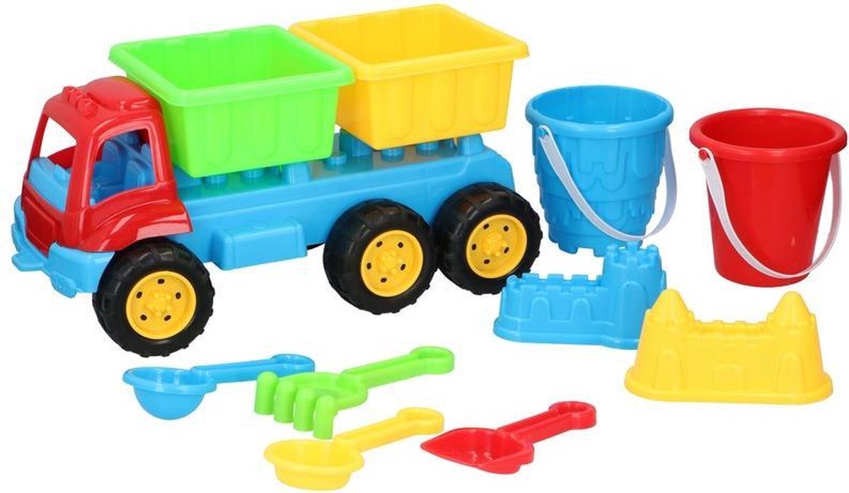 Zandbak speelgoed truck/kiepwagen dubbele oplegger 35 cm - Zandbakspeelgoed - Strandspeelgoed