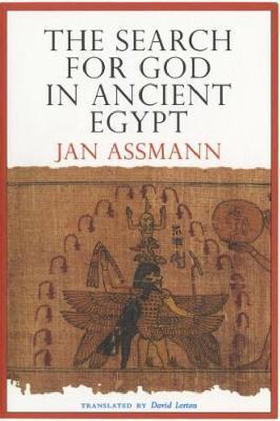 Boekomslag: "The Search for God in Ancient Egypt" door Jan Assmann, met een afbeelding van een Egyptische godheid en hiëroglyfen.
