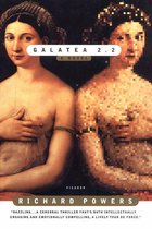 Boek kaft Galatea 2.2 van Richard Powers, met een schilderij van twee vrouwen, de rechter pixelated.