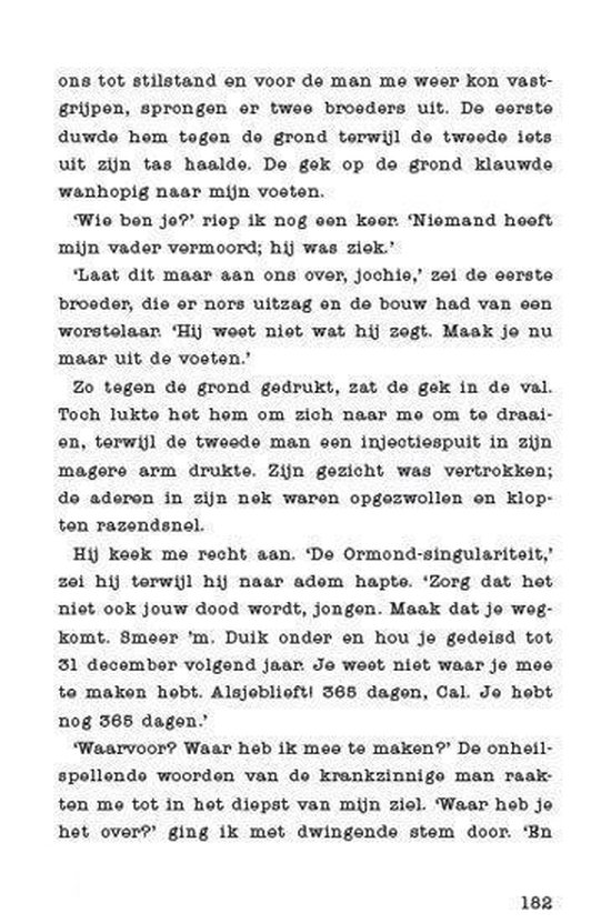 Tekstpagina uit een boek, met een dialoog over een schietpartij en dagen.