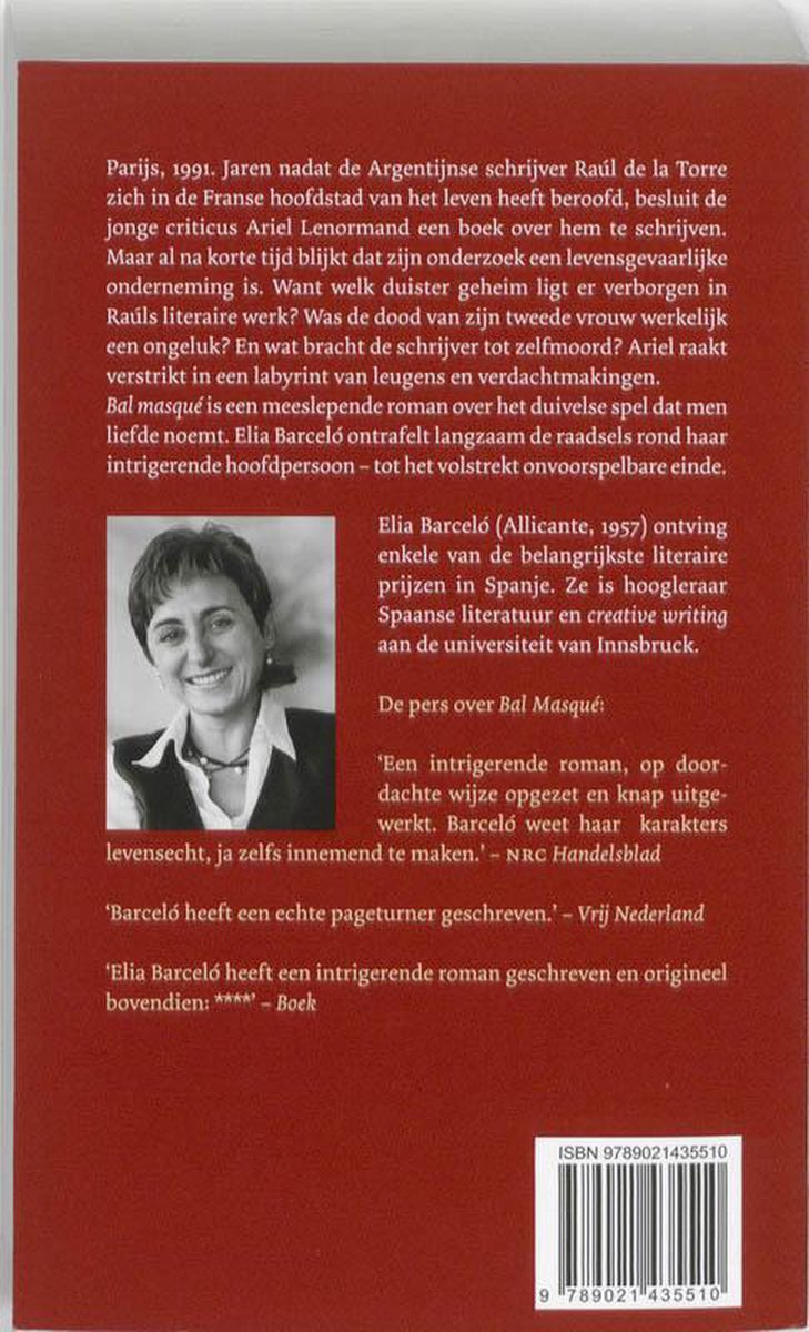 Achterkant van het boek Bal Masqué van Elia Barceló, met een foto van de auteur.
