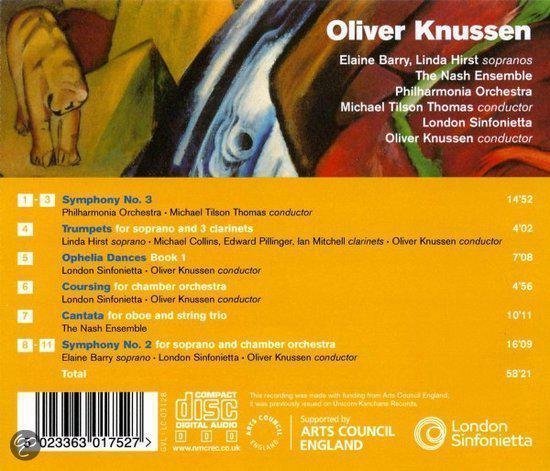 Boekje van Oliver Knussen, met orkest en solisten. Een geabstraheerde afbeelding van een olifant en een waterval.