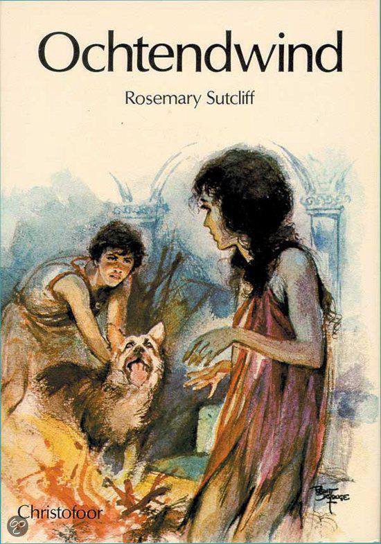 Boek "Ochtendwind" van Rosemary Sutcliff, met illustratie van twee vrouwen en een hond bij een vuur.