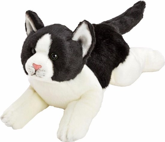 Bezwaar Interesseren noedels Pluche poes/kat knuffel liggend zwart/wit 33 cm - knuffeldier | bol.com