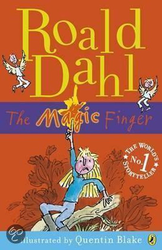 Boek 'The Magic Finger' van Roald Dahl, geillustreerd door Quentin Blake. Een meisje met een magische vinger gebaart wild, omringd door twee kleine gevleugelde figuurtjes.