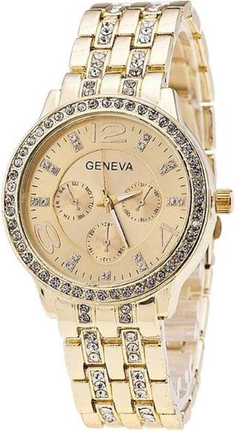 bedreiging vrouw Alternatief bol.com | Geneva horloge - kleur goud - zirkonia steentjes in band - 38 mm  - I-deLuxe verpakking