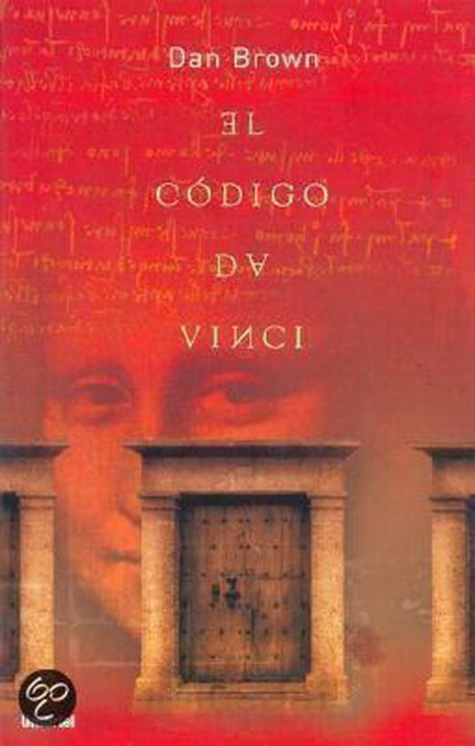 Boek met rode omslag, 'El Código Da Vinci' van Dan Brown in witte letters. Afbeelding van een deur en pilaren.