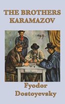 Het boek The Brothers Karamazov van Fyodor Dostoyevsky, met een schilderij van vier mannen aan een tafel, met de titel bovenaan en de auteur onderaan.