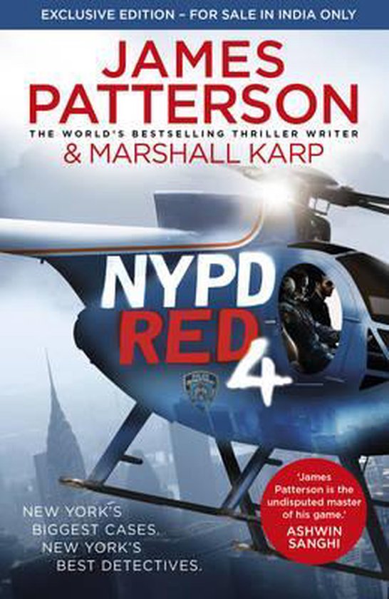 Boekcover: 'NYPD Red 4' van James Patterson & Marshall Karp, met een helikopter voor New Yorks skyline.