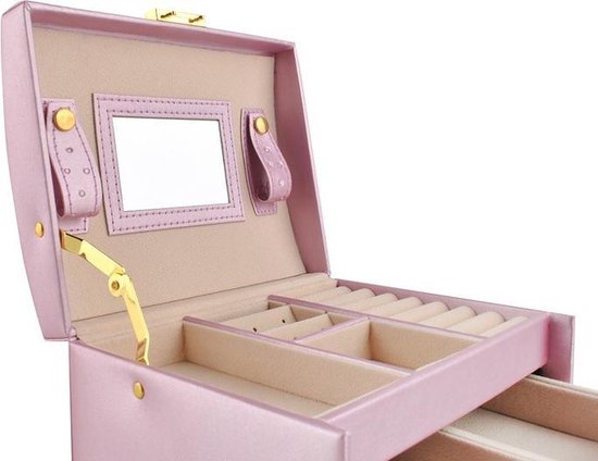 Luxe Sieradenbox Met Spiegel - Bijouteriedoos Opbergbox - Juwelen Opbergdoos - Kunst Leder Roze - AA Commerce
