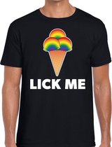 Lick me gay pride - t-shirt zwart met tekst en regenboog ijsbolletjes voor heren - gaypride kleding S