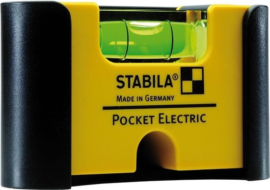 Gele Stabila Pocket Electric waterpas met zwarte zijkanten en groene vloeistof.