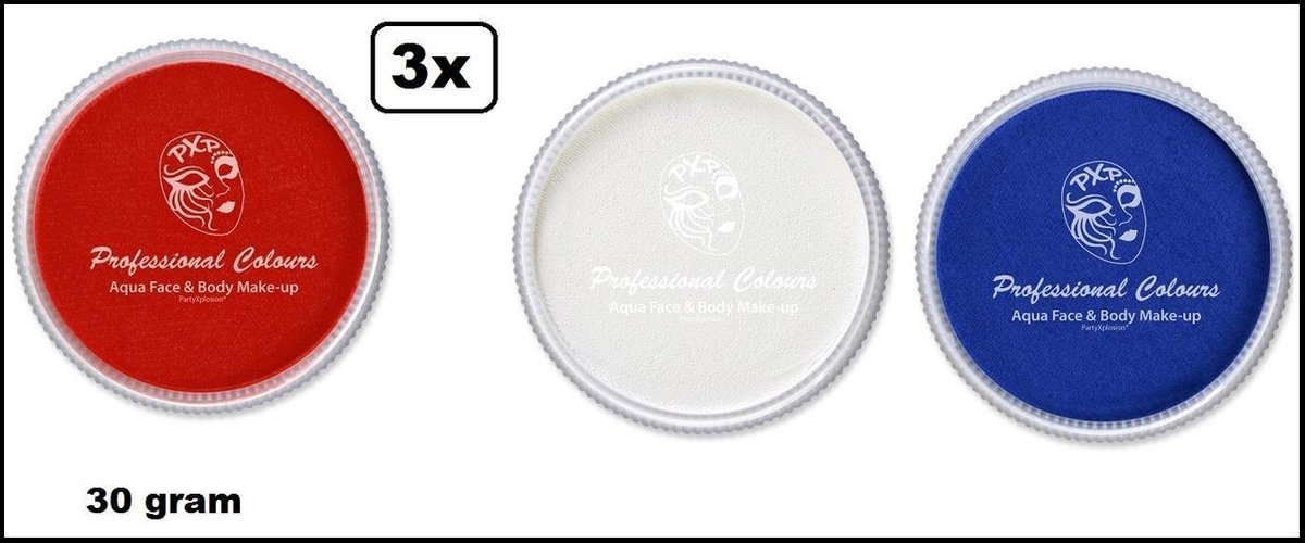 3x Aqua face & body paint rood/wit/blauw 30gram.