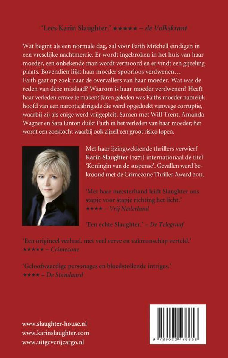 Achterkant van het boek 'Gevallen' met een foto van Karin Slaughter en de flaptekst.