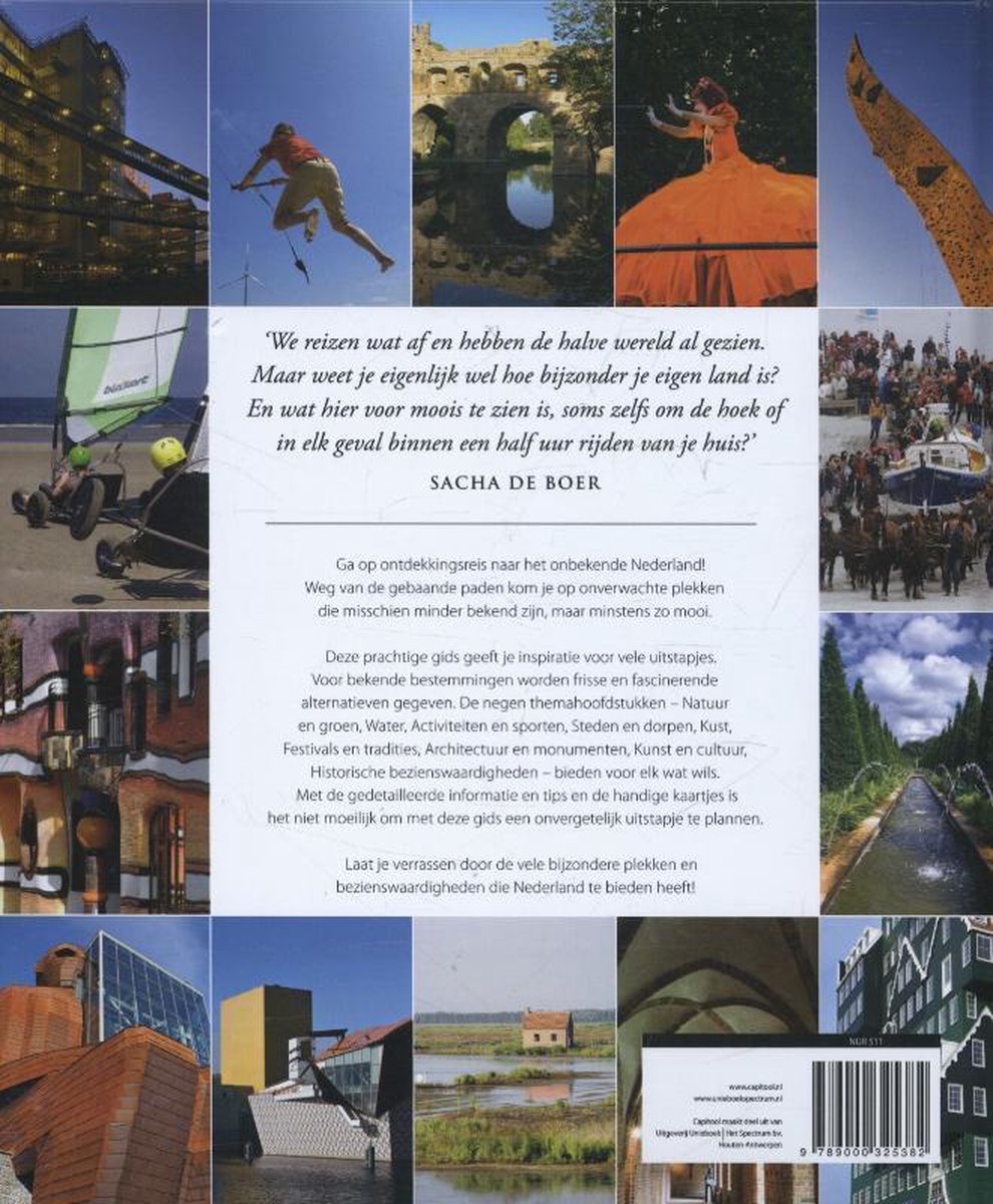 Collage van foto's uit een reisgids van Nederland, met gebouwen, landschappen en activiteiten.