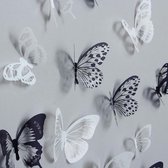 Transparante 3D vlinders in zwart/wit met glitter - 18 x muursticker