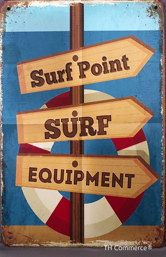 TH Commerce - Surf Point - Metalen Vintage Decoratie Wandbord - Strand - Reclamebord - Muurplaat - Retro - Wanddecoratie -Tekstbord - Nostalgie - 30 x 20 cm 0550