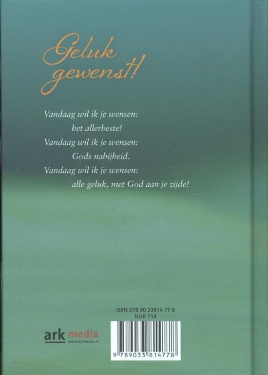 Le dos d'un livre intitulé 'Geluk gewenst!' en lettres calligraphiées. Le texte offre de bons vœux. ISBN et code-barres en bas.