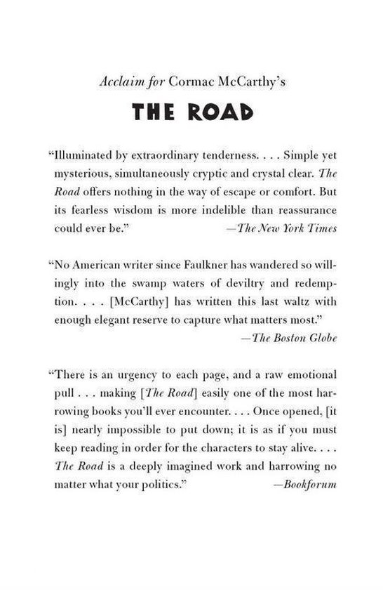 Wit blad met de titel "Acclaim for Cormac McCarthy's THE ROAD" en citaten van "The New York Times", "The Boston Globe", "Bookforum".