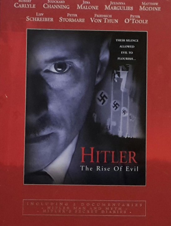 Filmcover van 'Hitler: The Rise of Evil' met een close-up van een man en nazisymbolen.