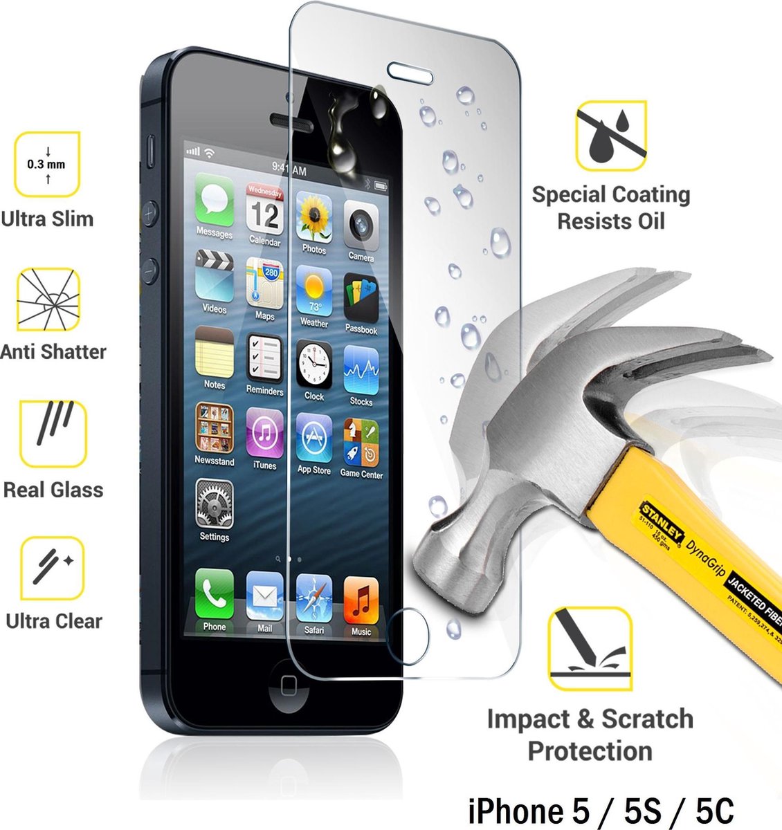 Glazen Screen protector Tempered Glass 2.5D 9H (0.3mm) voor iPhone 5 / 5S / 5C