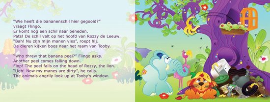 Een olifant, een flamingo en een leeuw kijken boos naar een boom vol rommel met hangende bananen. Een olifant vraagt wie de bananenschil gooide.