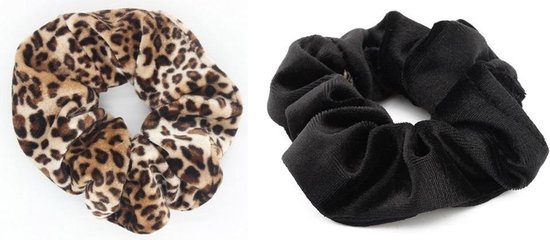 BY-ST6 - Scrunchie Haarelastiek - Duopack/ set  - kleuren zwart + bruine tijger/ panter print - velvet - haarelastiek - one size
