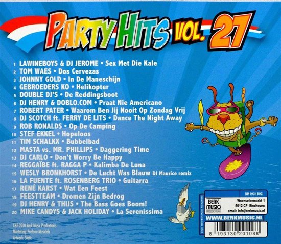CD-hoes met 'Party Hits VOL. 27' logo, een cartoonhond met zonnebril en rugzak op een surfplank, plus een lijst met liedjes.