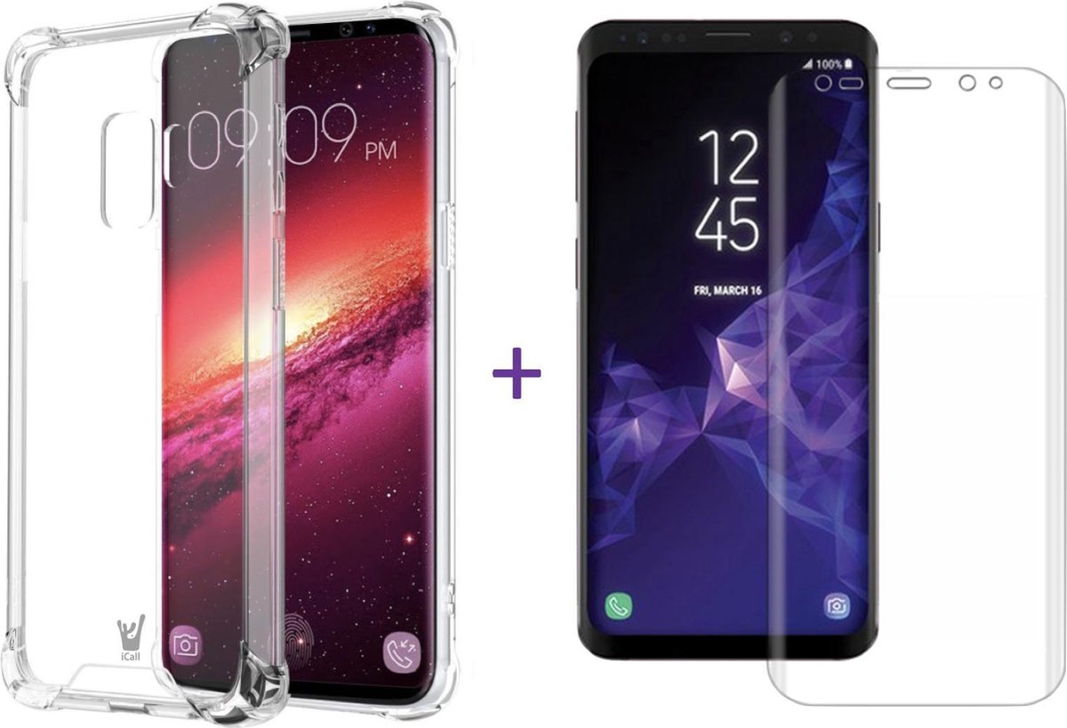 Hoesje geschikt voor Samsung Galaxy S9 - Anti Shock Proof Siliconen Back Cover Case Hoes Transparant - PET Folie Screenprotector