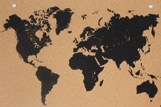 Wereldkaart - kurk - prikbord - groot - massief kurk - 60x90x1 cm