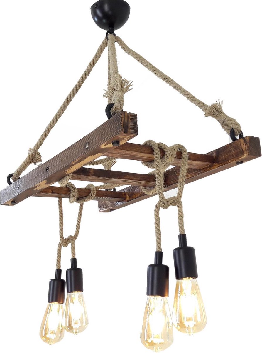 Fienzi Chandelier 60x34x80cm Hout en Touw 4 Lampen