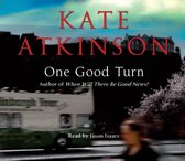 Boekcover met de titel 'One Good Turn' door Kate Atkinson. Een bus met 'Edinburgh Tour' erop is in beweging.