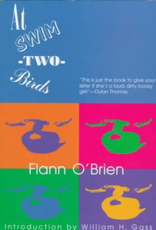 Couverture du livre "At Swim-Two-Birds" avec des oiseaux stylisés en quatre couleurs : violet sur orange, vert sur rose, bleu sur vert, jaune sur violet.
