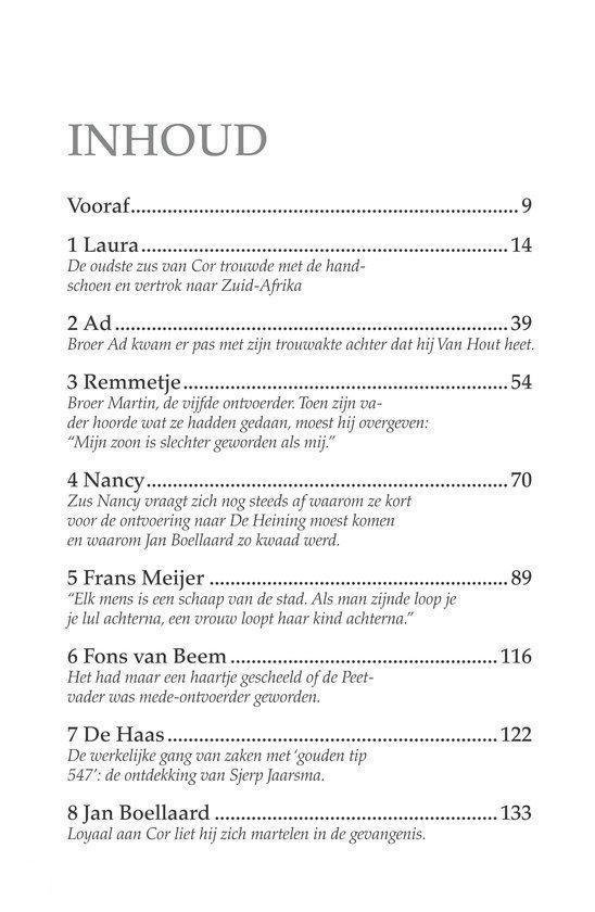 Inhoudsopgave van het boek 'Cor' met hoofdstuktitels en paginanummers.