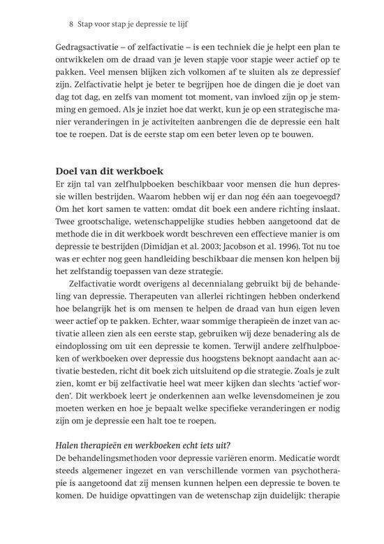 Pagina 8 van het werkboek met tekst over gedragsactivatie en het aanpakken van depressie.