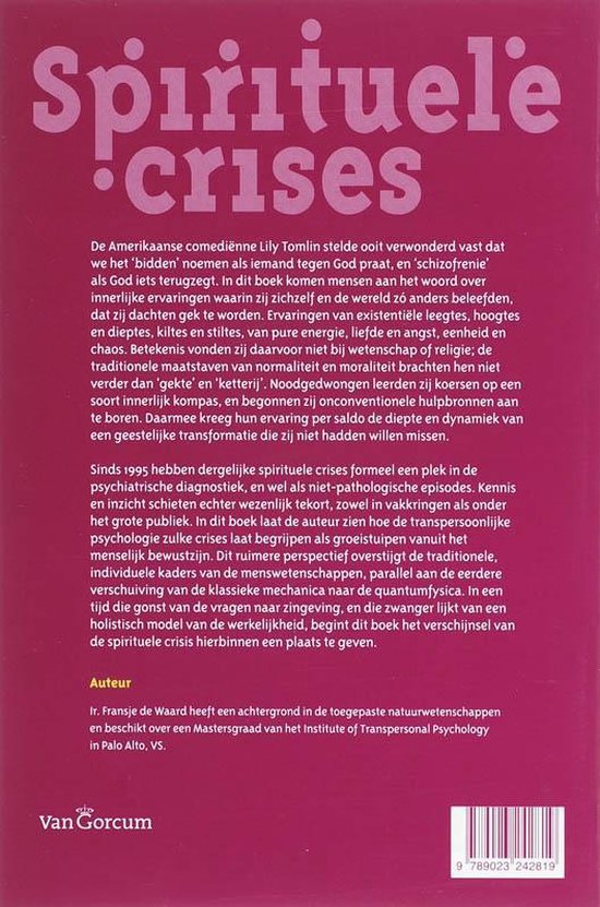 Boekomslag met de titel "Spirituele crises" in grote witte letters op een roze achtergrond. De tekst legt uit waar het boek over gaat.