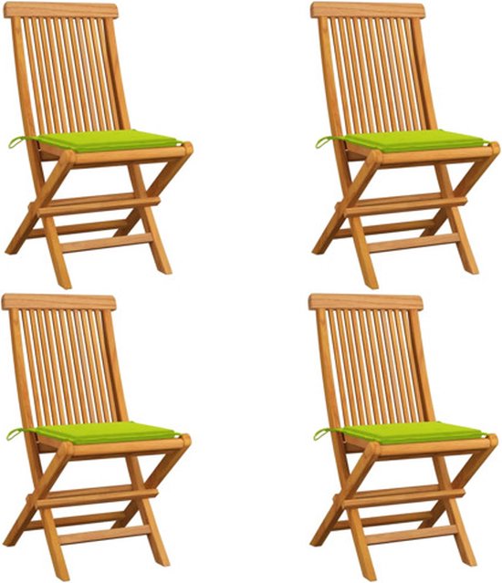 vidaXL - Tuinstoelen - 4 - st - met - heldergroene - kussens - massief - teakhout